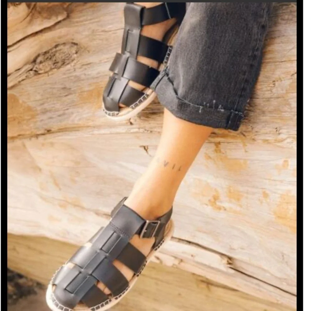 SeaVees Solana Sandal Womens 6 Black Leather Fisherman Espadrille 142400